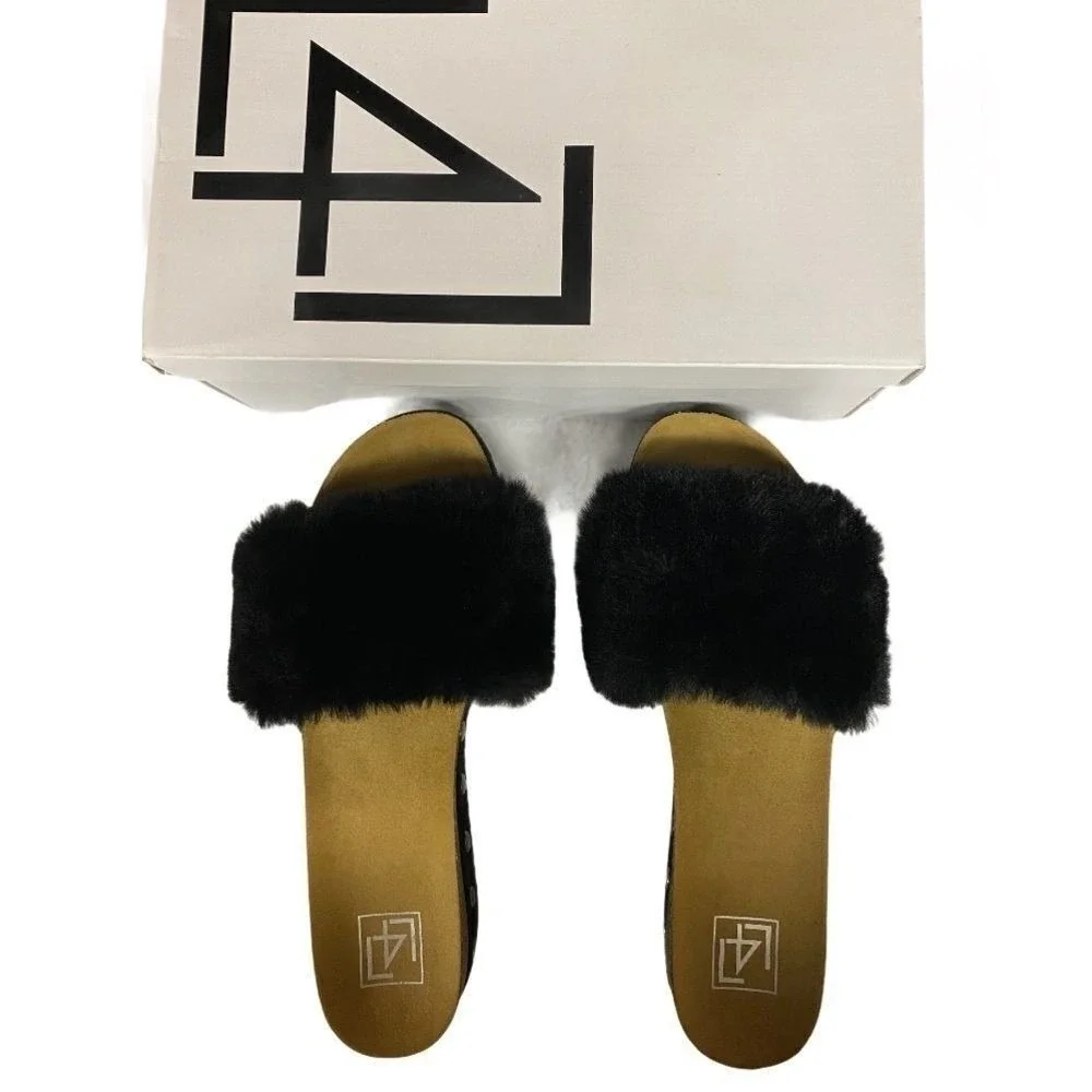 L4l By Lust For Life Sandals 10M Black Faux Fur Studded Wedge Platform Mule Chic